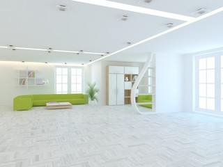 white interior design of living room -3D illustration