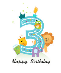 Happy third birthday with animals baby boy greeting card vector