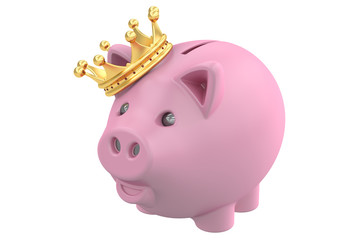 Piggy Bank with Gold Crown, 3D rendering