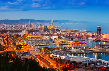  Barcelona with Port in night time. Catalonia