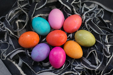 Hen's Easter egg with jeans background