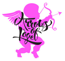 card for Valentines Day with stylized silhouette of amur on pink