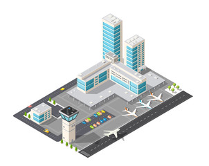 Isometric map of the city airport, the trees and the flight of construction and building