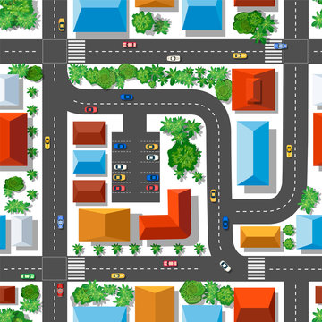 Top view of the plan city.  Seamless repeating pattern. Urban streets and houses, roofs and trees.