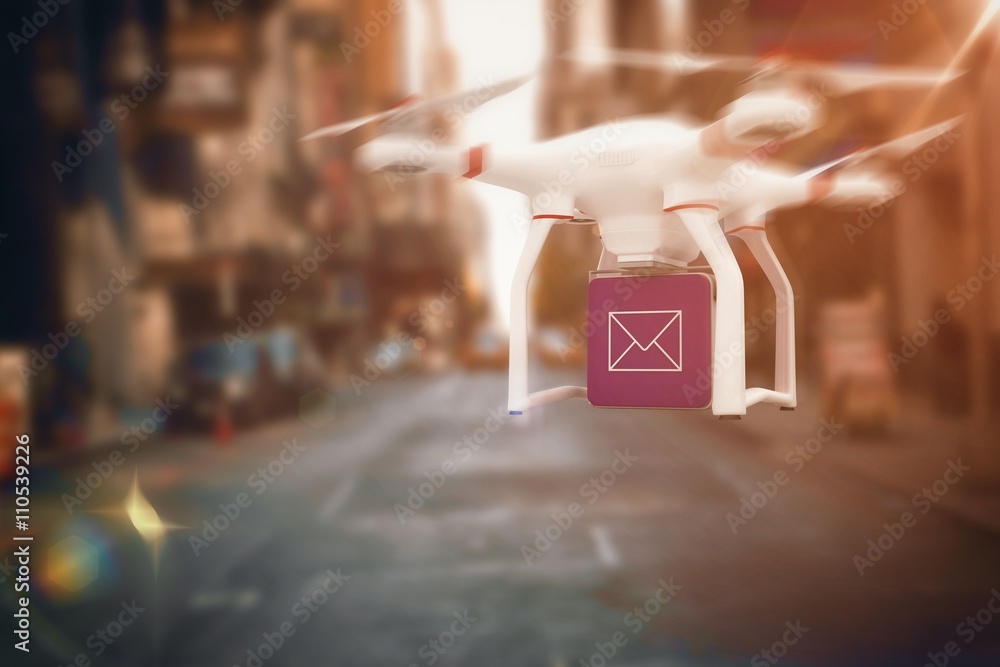 Poster composite image of digital image of a drone holding a cube