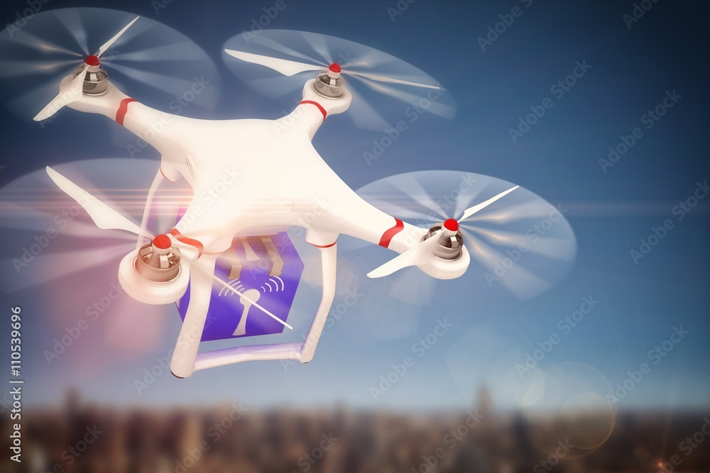 Poster composite image of digital image of a drone holding a cube