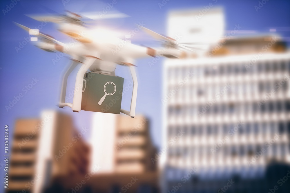 Poster composite image of digital image of a drone holding a cube