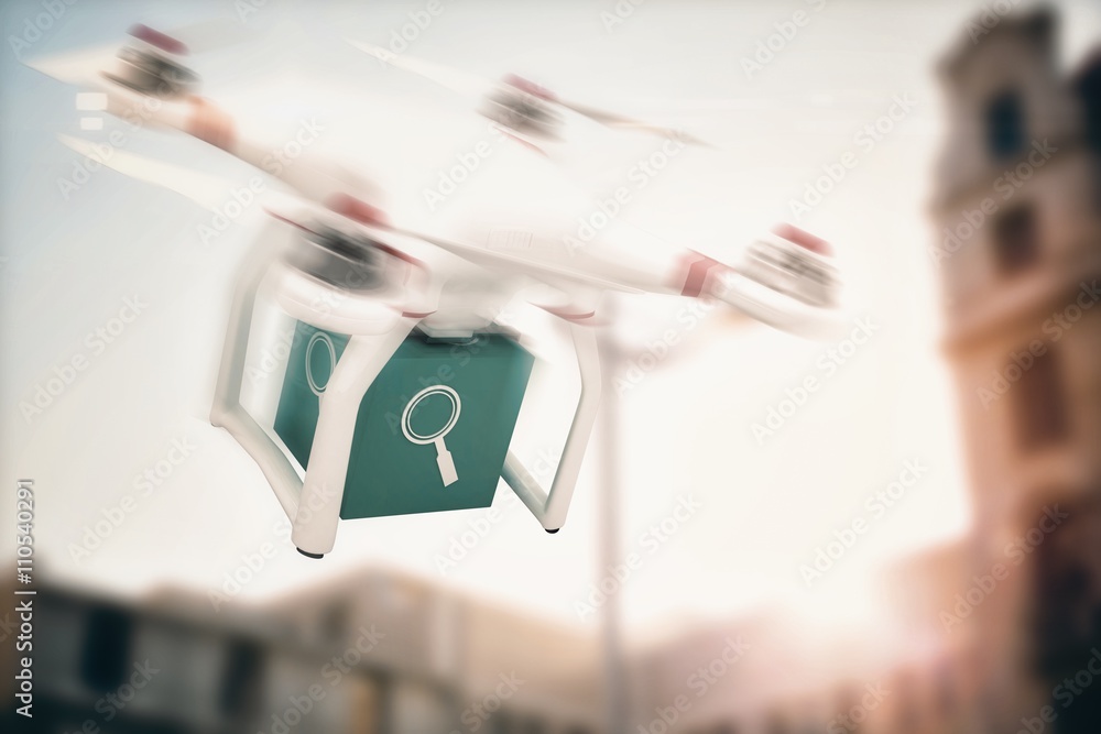 Poster composite image of digital image of a drone holding a cube
