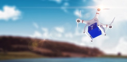 Composite image of digital image of a drone holding a cube