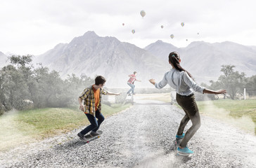 Young people riding skateboard