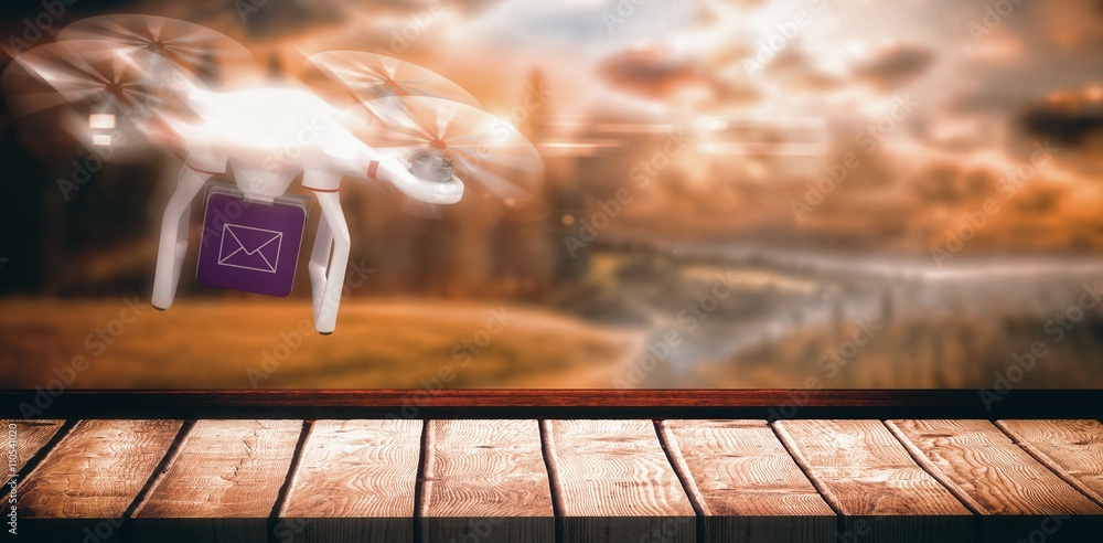 Poster composite image of digital image of a drone holding a cube
