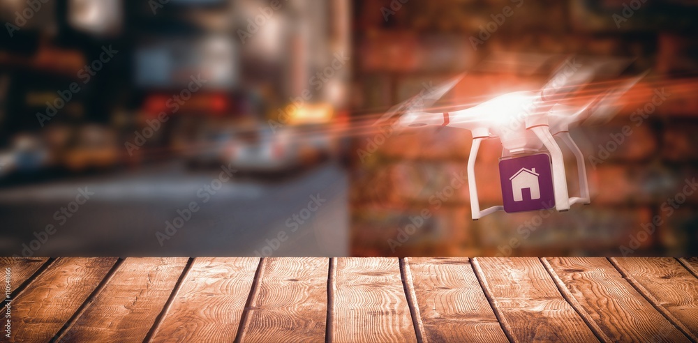 Poster composite image of digital image of a drone holding a cube