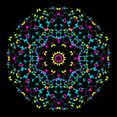 Abstract Geometric Bright Kaleidoscope Pattern. Circle Symmetric Design. Round Flower Ornament