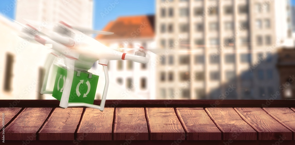 Poster composite image of digital image of a drone holding a cube