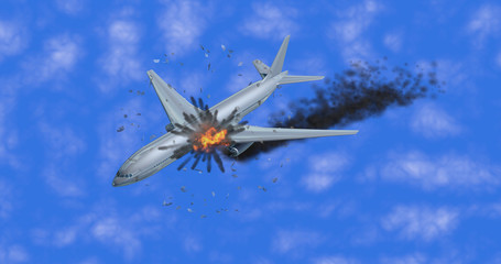 Airplane explosion with black smoke,metal fragments