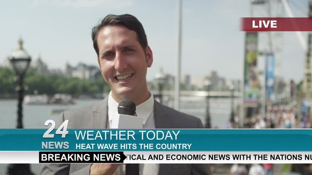 TV weather reporter doing live piece to camera outdoors in the city of London
