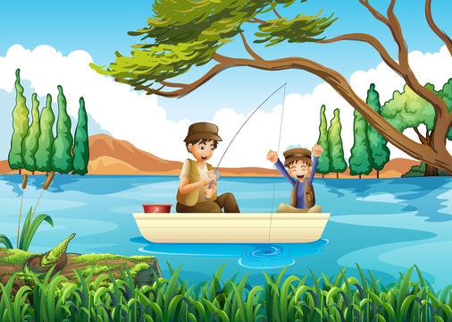 Father and son fishing in the lake