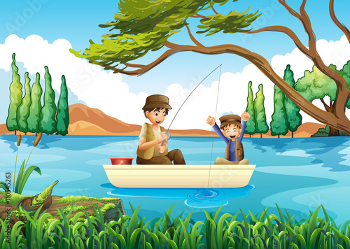 Download "Father and son fishing in the lake" Stock image and ...