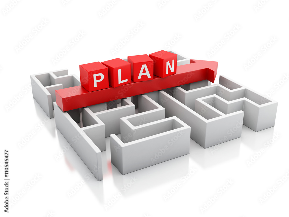 Poster 3d a maze and above an arrow with word plan.