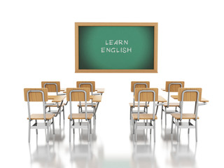3d classroom with chairs and chalkboard.