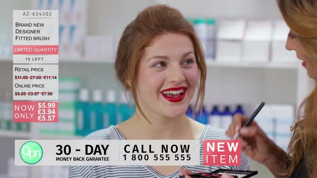  TV presenter on a shopping channel selling beauty products & doing makeover