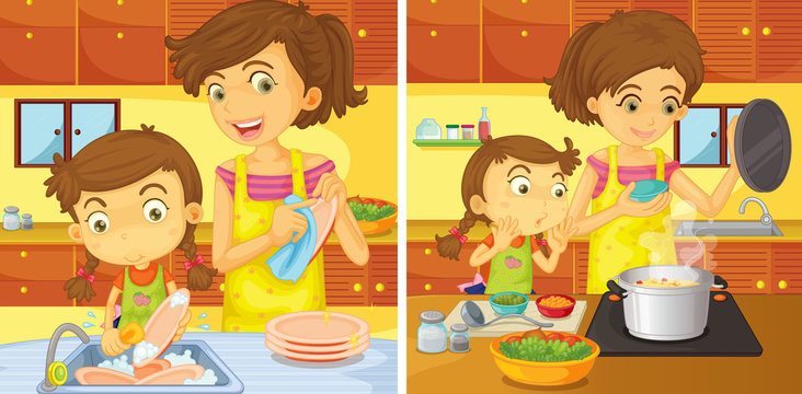 Girl helping mom in the kitchen