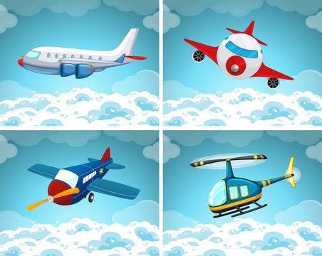 Four scenes of airplane flying in the sky