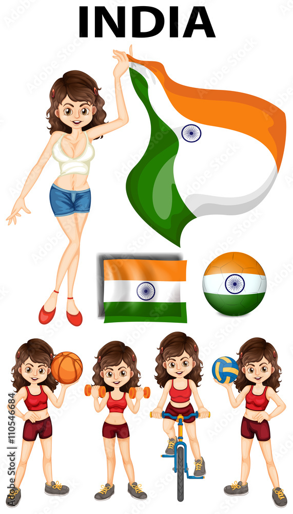 Sticker indian girl doing different sport