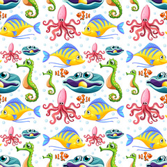 Fototapeta na wymiar Seamless sea animals and bubbles