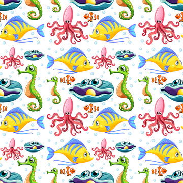 Seamless sea animals and bubbles