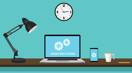 os operating system computer with gear and notebook on workdesk vector graphic illustration - obrazy, fototapety, plakaty
