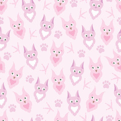 Background cute cartoon owl and cat. Background adorable owl and cat, paw prints and claws. Background for children, baby. Blue Background for girl.