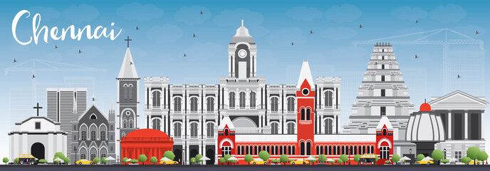 Chennai Skyline with Gray Landmarks and Blue Sky. - obrazy, fototapety, plakaty