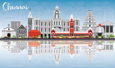Chennai Skyline with Gray Landmarks, Blue Sky and Reflections. - obrazy, fototapety, plakaty