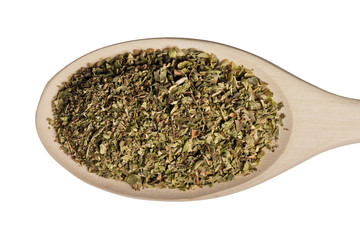 close-up tea leaves on a spoon