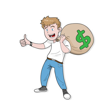 Profit, a hand drawn vector illustration of a man carrying a big bag filled with money.