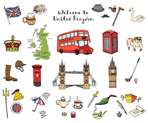 Fototapeta premium Hand drawn doodle United Kingdom set Vector illustration UK icons Welcome to London elements British symbols collection Tea Bus Horse riding Golf Crown Beer Lion Bulldog London bridge Big Ben Tower
