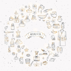 Obraz premium Hand drawn doodle Massage and Spa icons set Vector illustration relaxing symbols collection Cartoon beauty care concept elements health care Wellness treatment Body massage Lifestyle Skin care Spa