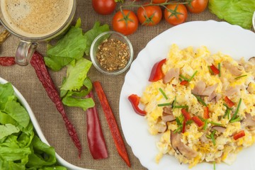 Homemade breakfast with a cup of coffee.Fresh scrambled eggs with bacon and vegetables. Breakfast athletes. Preparing eggs. Protein diet. Eggs in different kinds of preparations.
