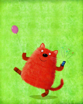 Red Walking Cat With Balloon And Phone
