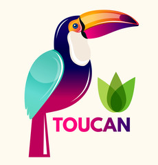 Colored illustration with tropical bird - toucan - obrazy, fototapety, plakaty