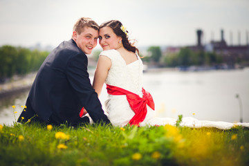 romantic wedding couple. Vintage style processing photographic film. selective focus