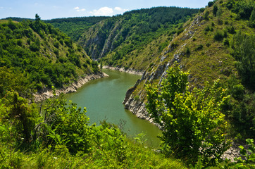 Fototapeta na wymiar Meanders at rocky river Uvac gorge on sunny morning, southwest Serbia