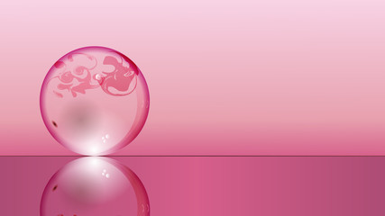 Glass transparent ball on pink background and mirror surface. Texture