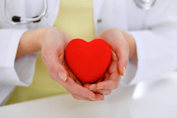 Female doctor with stethoscope holding heart.  Patients couple sitting in the background