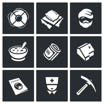 Vector Set of Homeless Icons. Help, Homelessness, Tramp, Food, Benefit, Housing, Document, Medical, Employment.