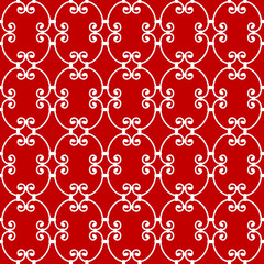 Forged seamless pattern. Elegant white curly forging on red background. Openwork metal fence design. Modern style for wallpaper, wrapping, fabric, background, apparel, other print production. Vector