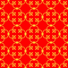 Forged seamless pattern of gold fleur-de-lis on a red background. Openwork metal fence design. Modern style for wallpaper, wrapping, fabric, background, apparel, other print production. Vector