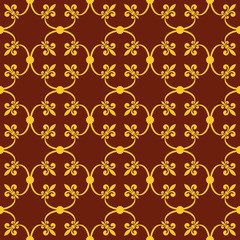 Forged seamless pattern of gold fleur-de-lis on a brown background. Openwork metal fence design. Modern style for wallpaper, wrapping, fabric, background, apparel, other print production. Vector © alona_s