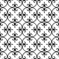 Forged seamless pattern. Volume black curly forging on white background. Openwork metal fence design. Modern style for wallpaper, wrapping, fabric, background, apparel, other print production. Vector